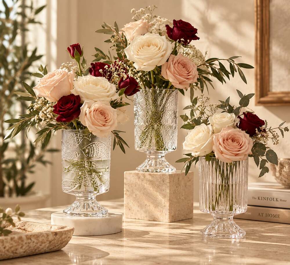3 Pack Flower Vases For Centerpieces Vintage Glass Pedestal
